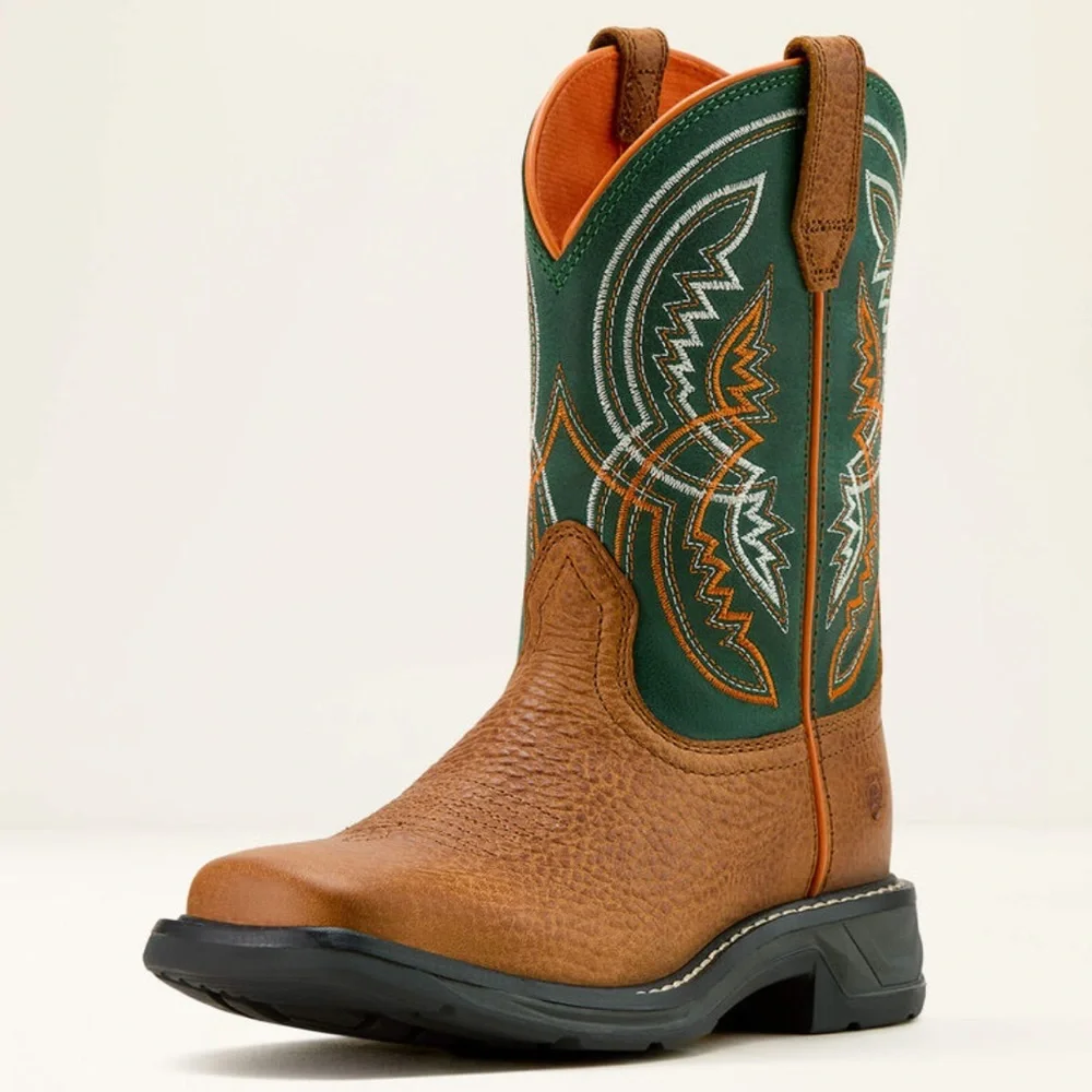 Ariat | Kids Brown Leather Orange/Green Design WorkHog XT Coil Western Boot 3.5